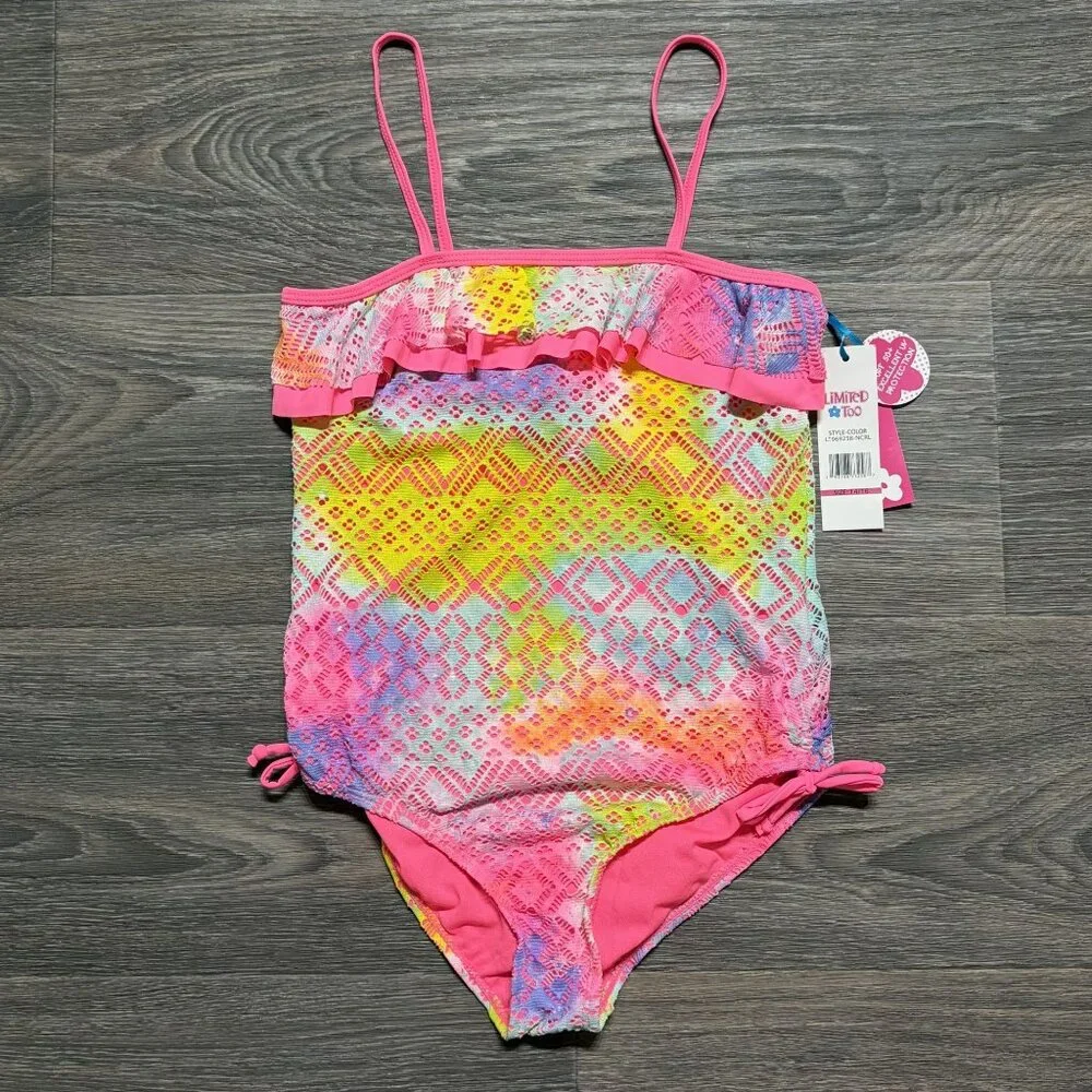 Limited Too Girls 14-16 Bathing Suit UPF 50 One Piece Ruffled Swimsuit Pink
